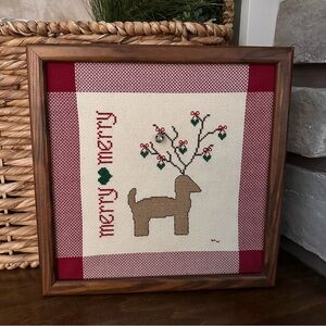 11 x 11 Vintage Cross Stitch Reindeer Merry Merry Wood Framed Wall Shelf Art